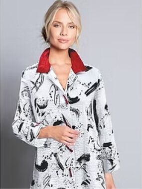 Ali Miles Abstract White Black Print and Red Trim Artsy Button Down Shirt XL